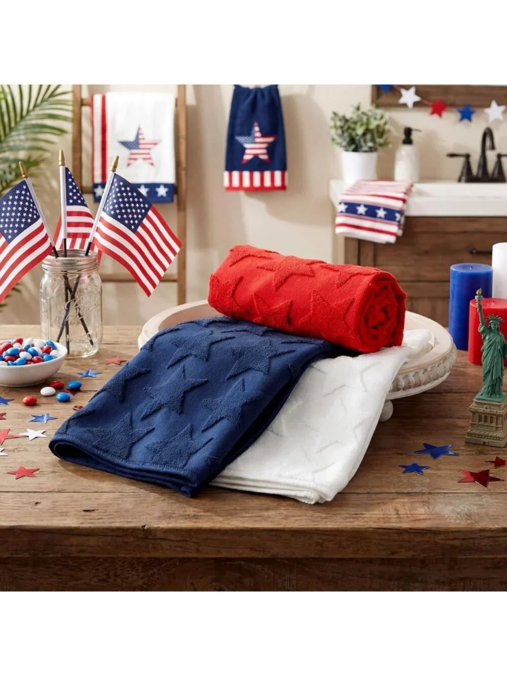 Patriotic Hand Towels Set - 4th of July Decor, Red White Blue Stars, 100% Cotton